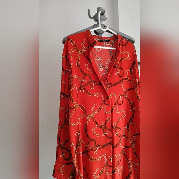Zara Red Chain print shirt Dress - Picture 10 of 12